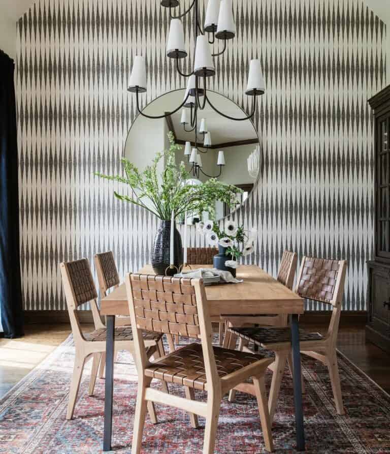 Neutral Wallpaper Behind Wood Dining Set