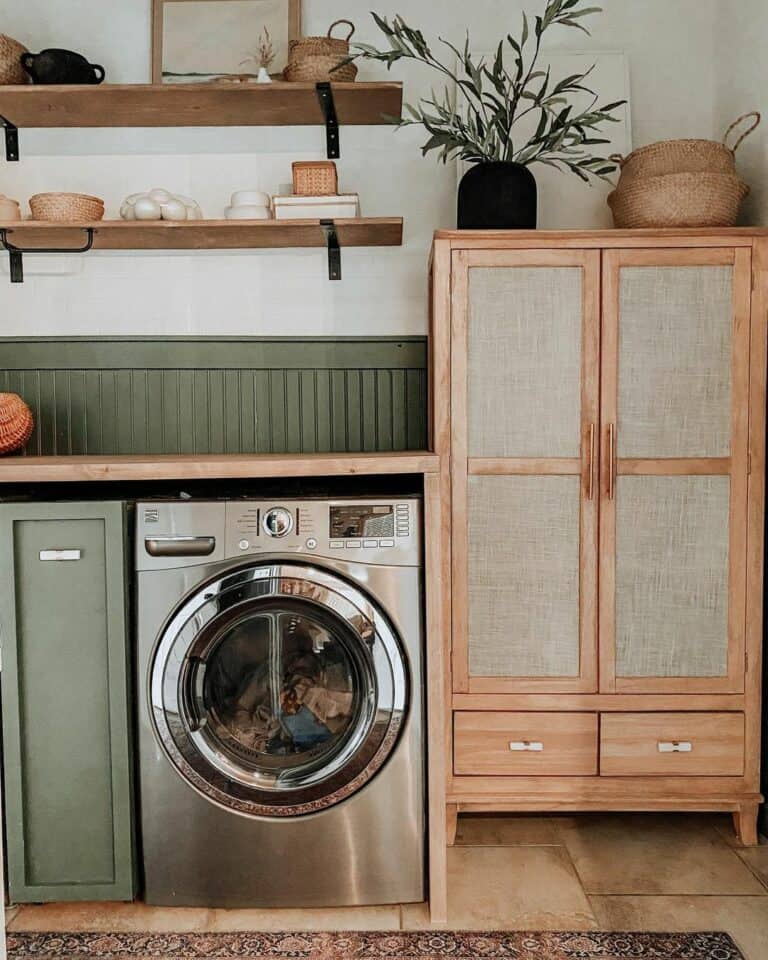 Neutral Wood and Olive Green Laundry Room Cabinets