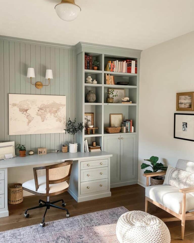 Office BuiltIns with Gray Shiplap Backsplash Soul & Lane