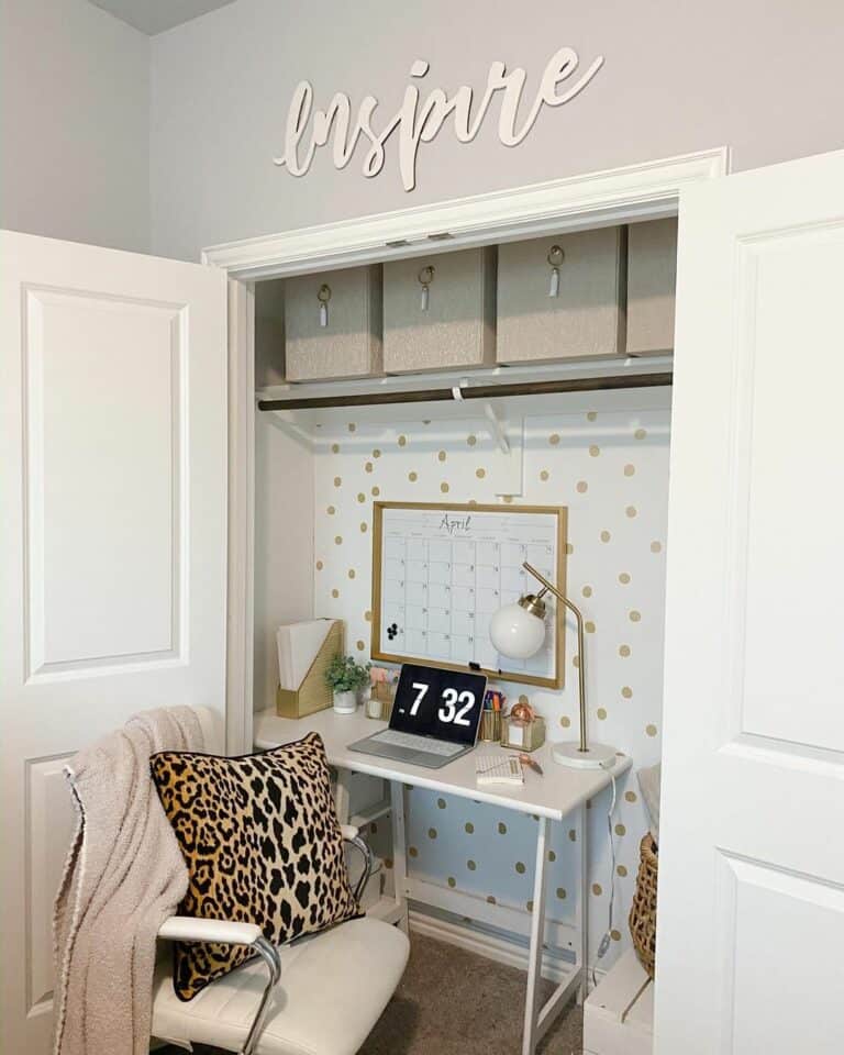 Office Inside a Closet With Polka-dot Wallpaper