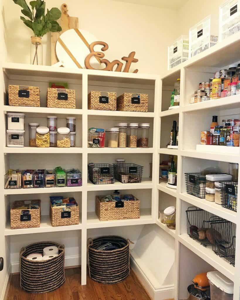 Organized Pantry with Woven and Wire Baskets