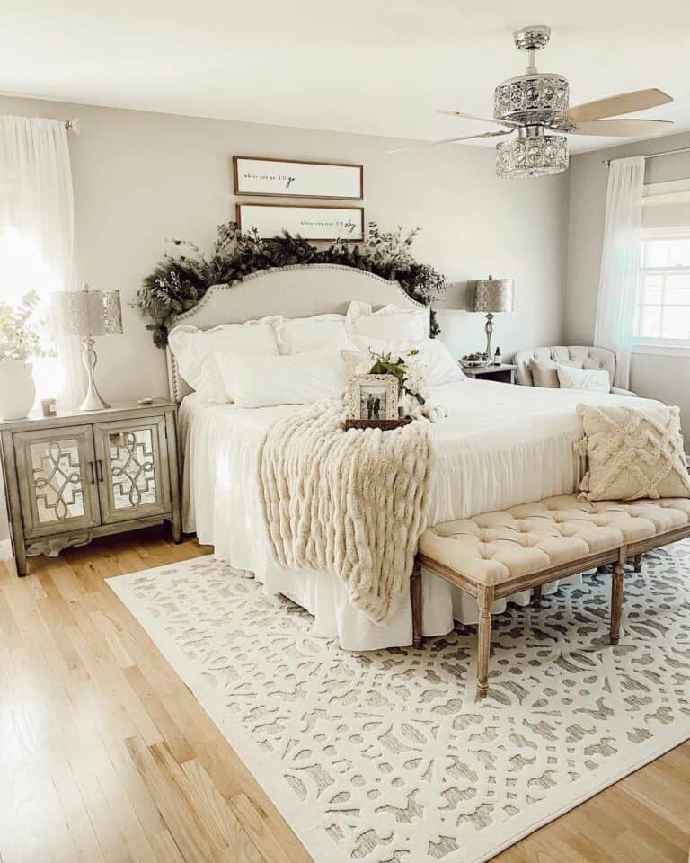 Ornate Grey Wide Nightstands and Silver Lamps