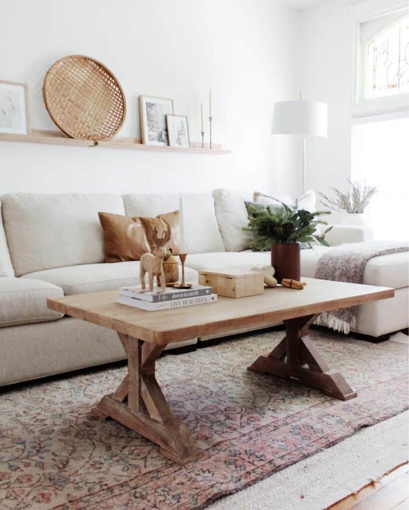 Oversized Farmhouse Coffee Table on Floral Rug