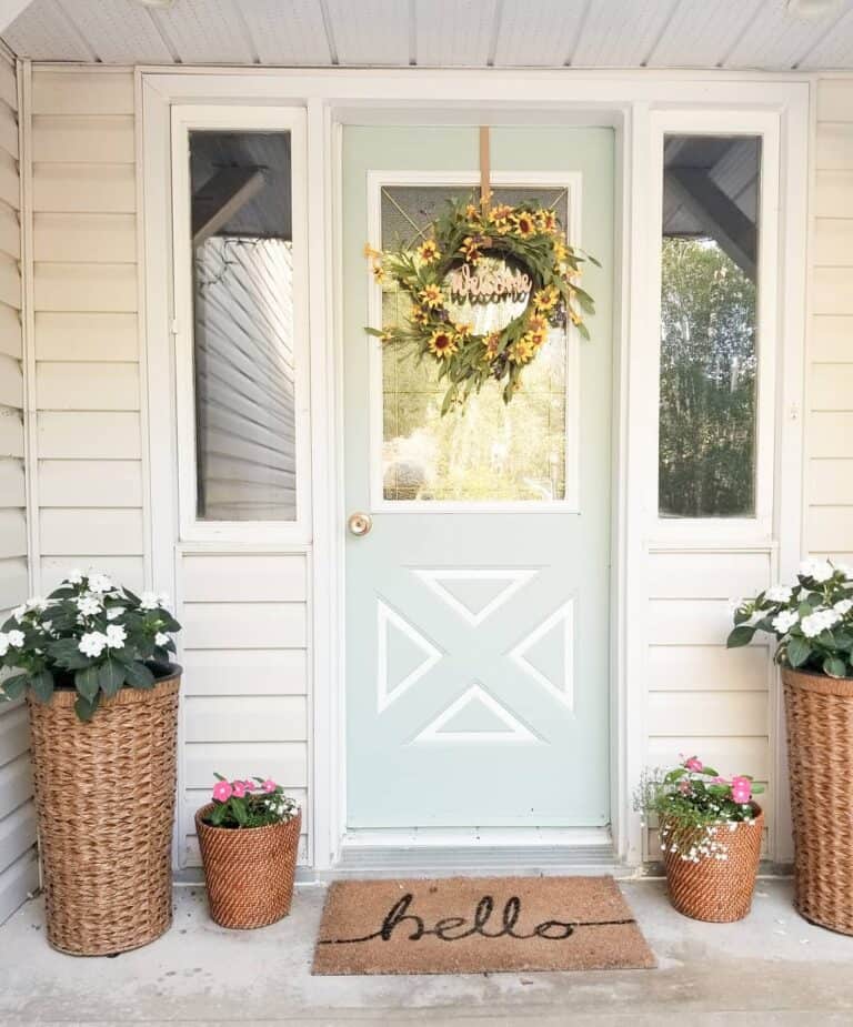Pale Green Front Door with Sunflower Wreath