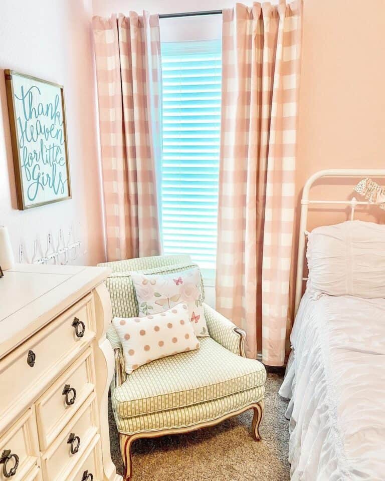 Pale Pink Girl's Room with Plaid Curtains