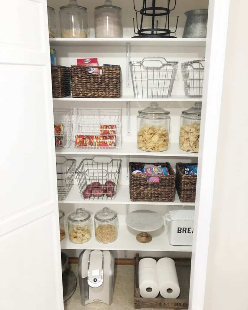Pantry Shelves with Wire Baskets and Glass Canisters