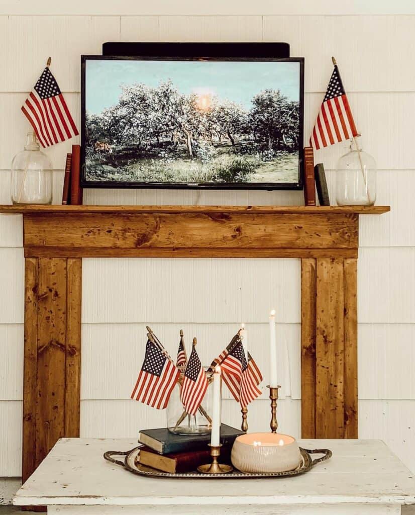 Patriotic Shiplap Wall Over Rustic Mantel