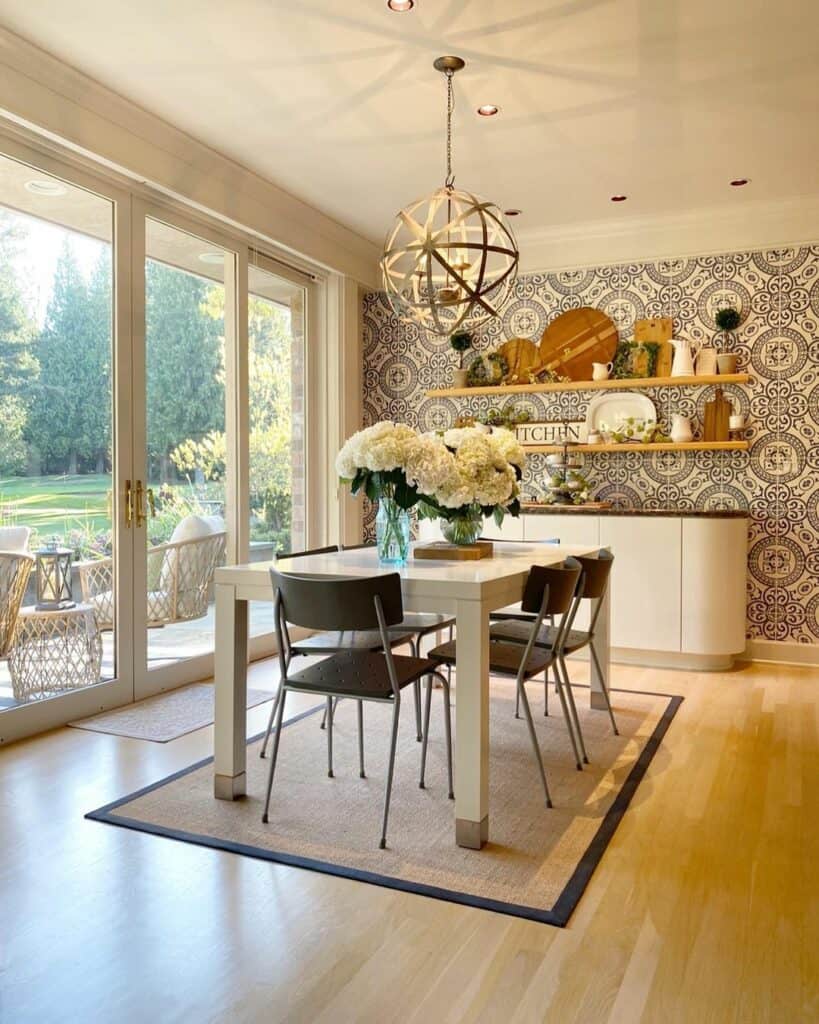 Patterned Accent Wallpaper in Dining Area