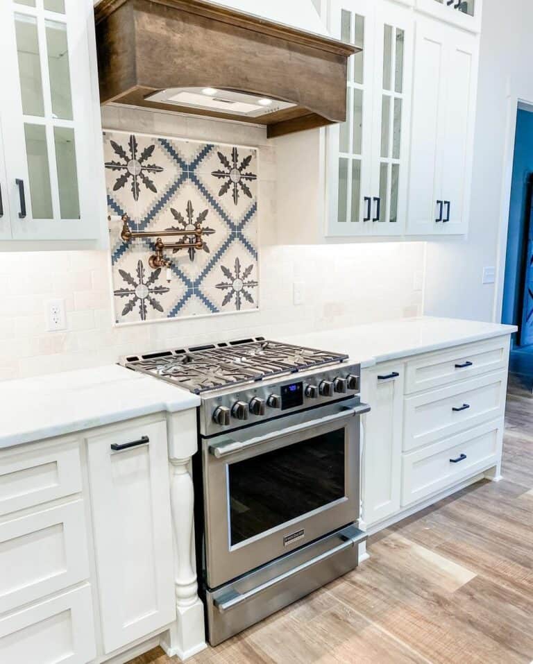 Patterned Backsplash With Brass Pot Filler