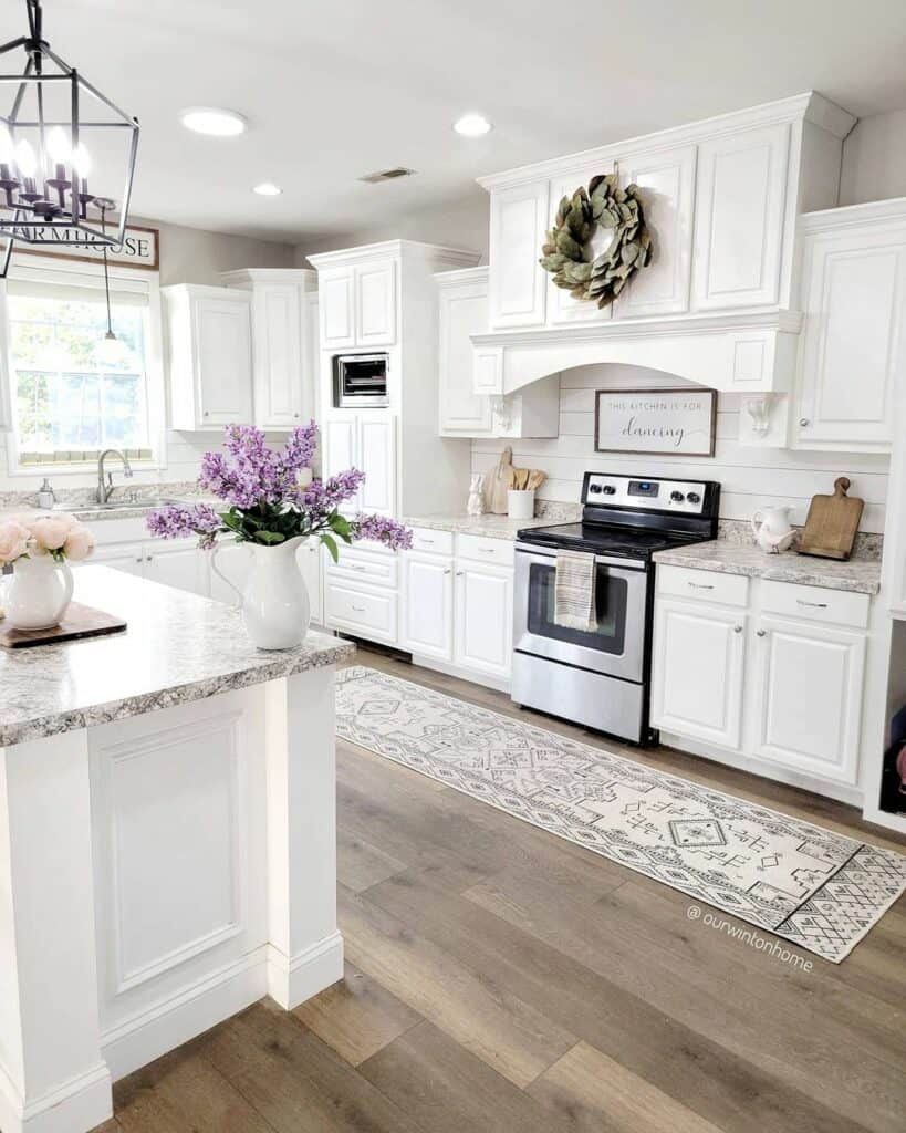 Patterned Runner in Front of White Cabinets