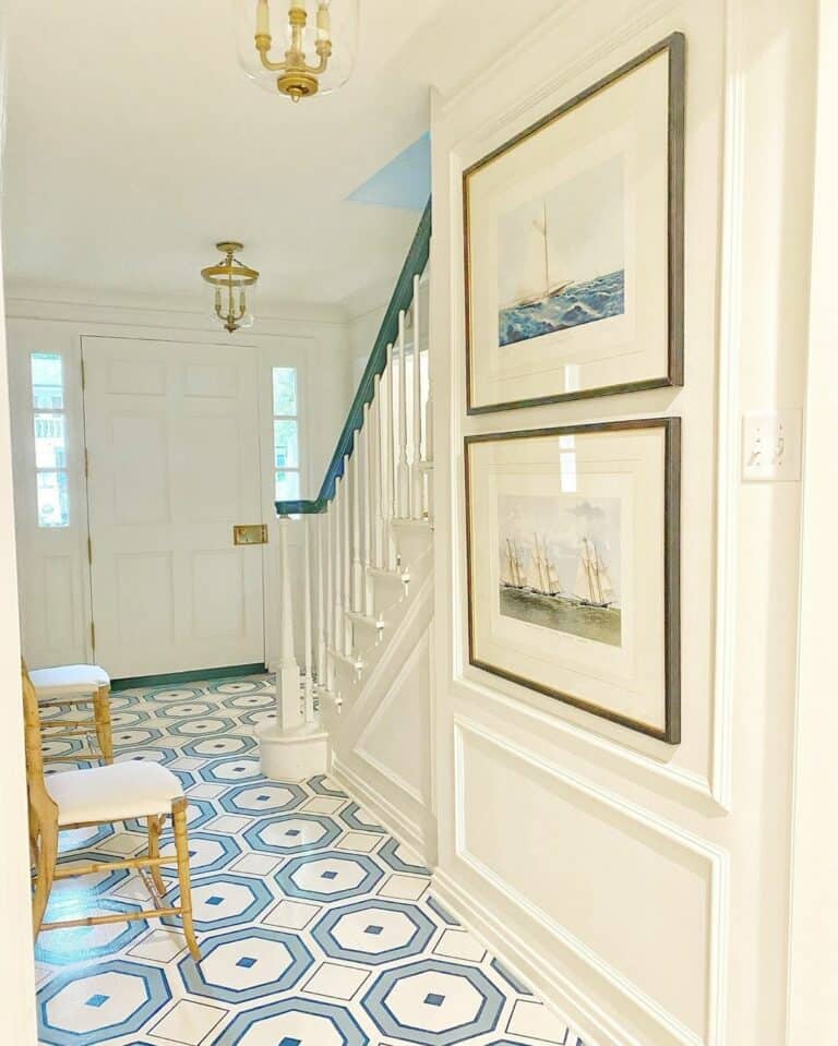 Patterned Tile Floor Topped With Bamboo Chairs