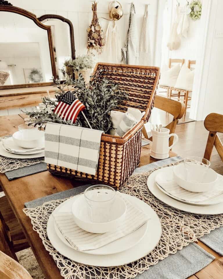 Picnic Basket Between White Tableware