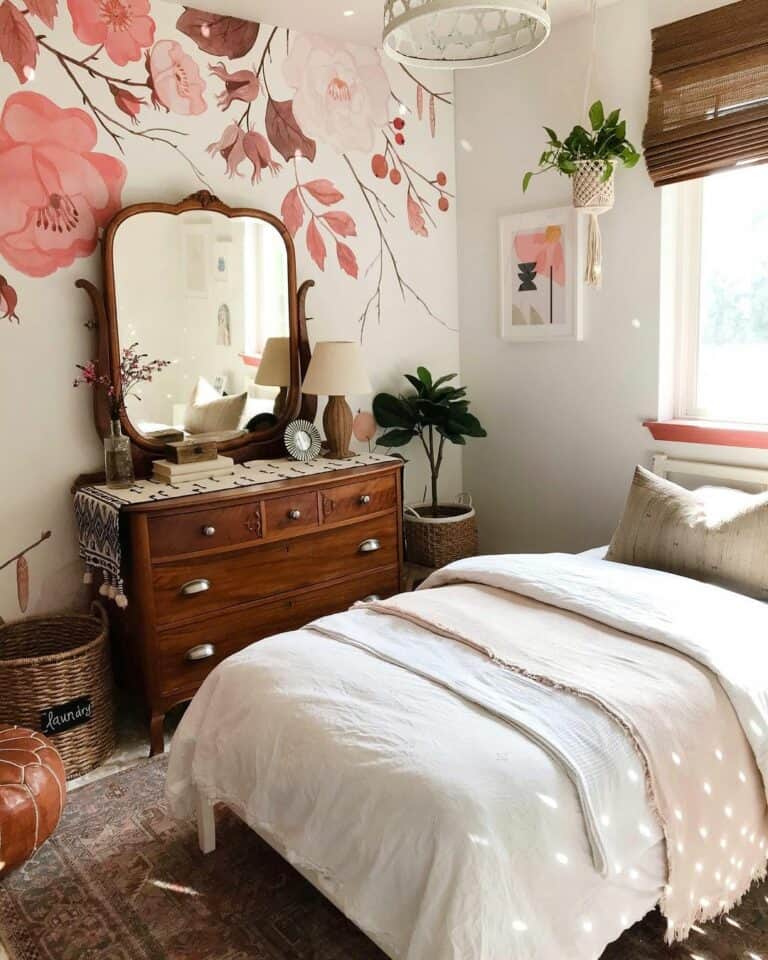 Pink and Brown Floral Accent Wallpaper Wall
