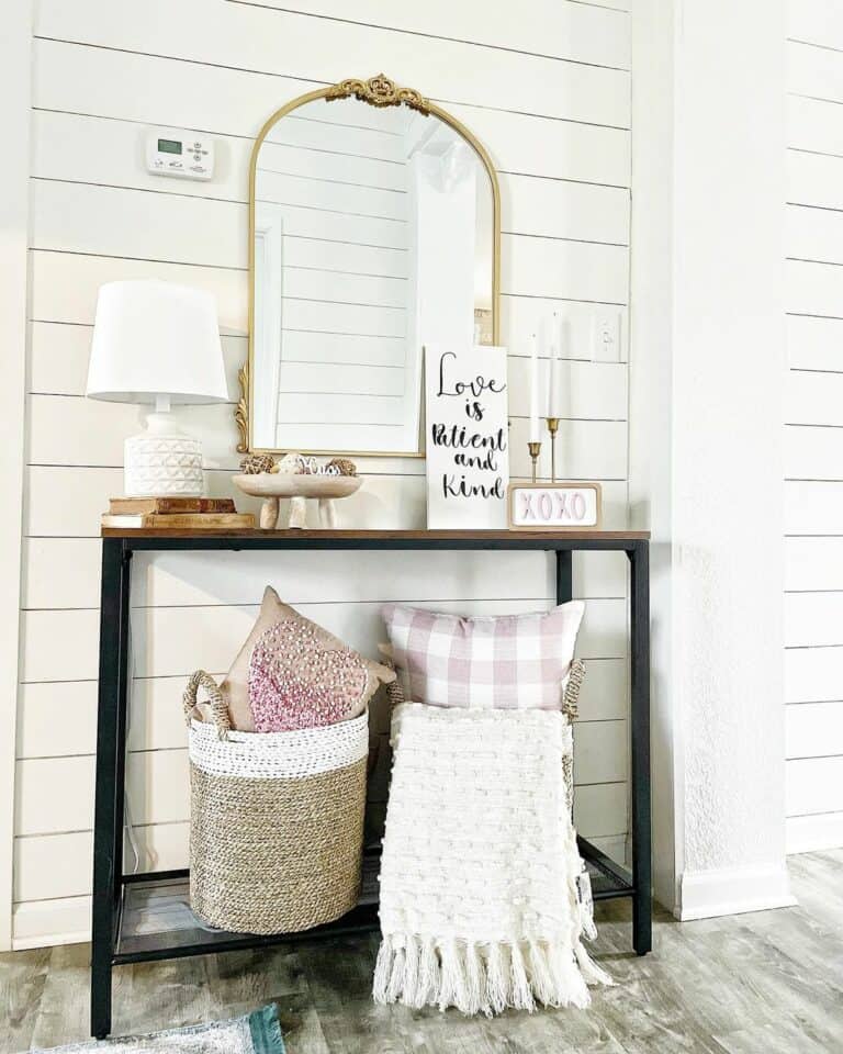Pink and Gold Accents for a Farmhouse Entryway Table