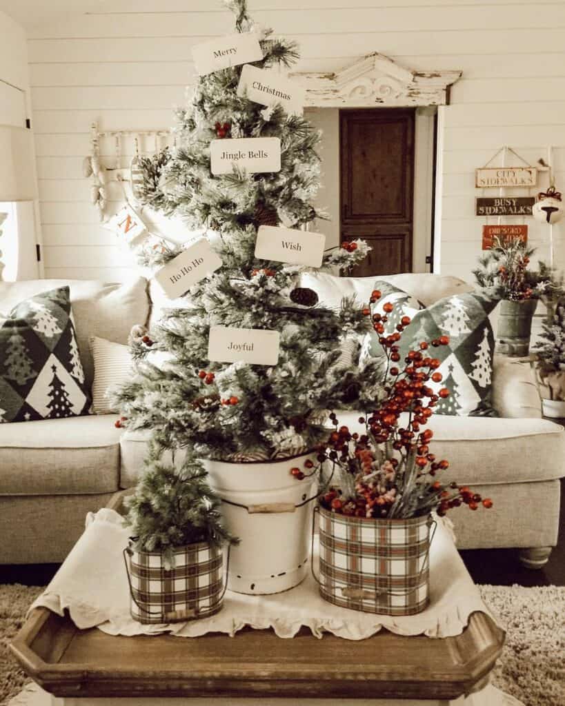 Plaid Christmas Décor for a Neutral Farmhouse Living Room