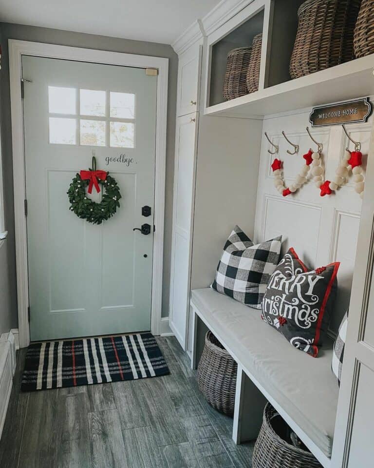 Plaid Holiday Décor in a Small Mudroom