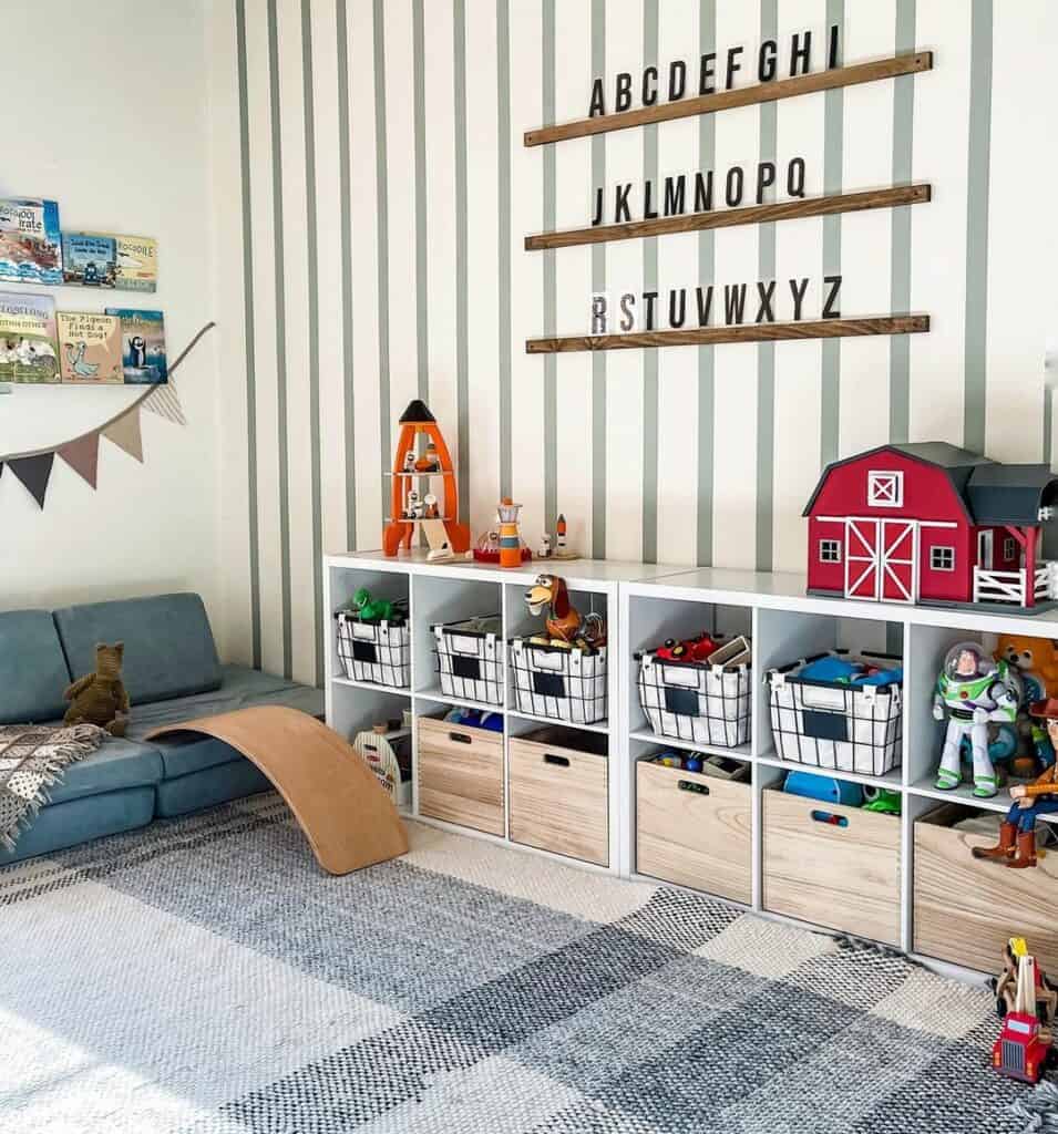 Playroom with Blue and White Striped Feature Wall