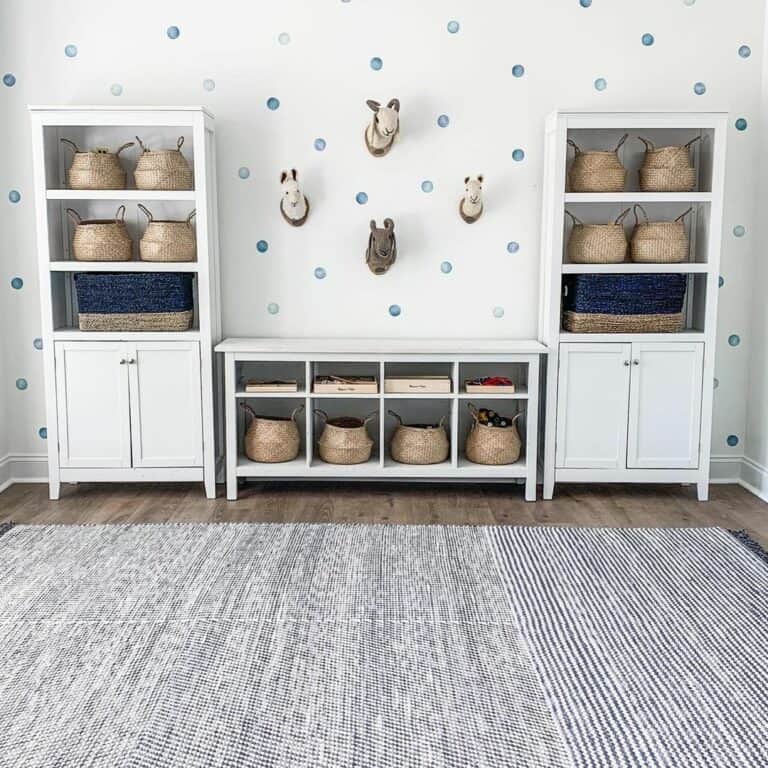 Playroom with White and Blue Polka Dot Wallpaper