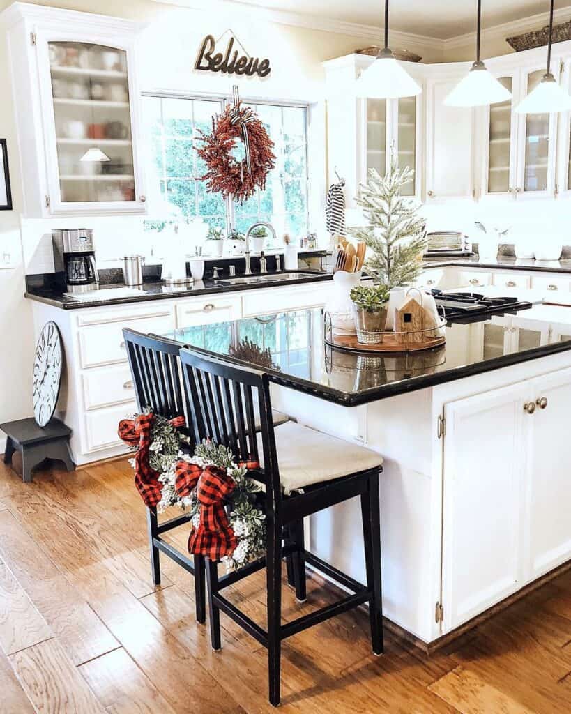 Polished Black Countertop in Farmhouse Kitchen