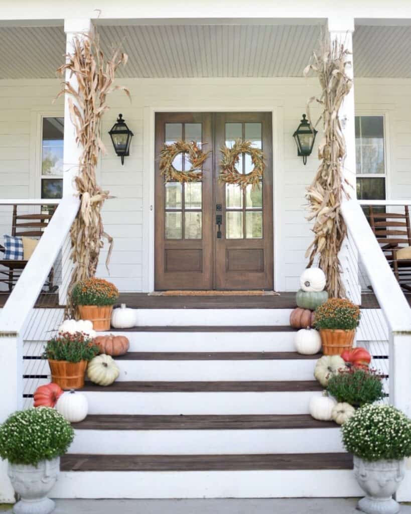 Porch with Wooden Farmhouse Front Doors