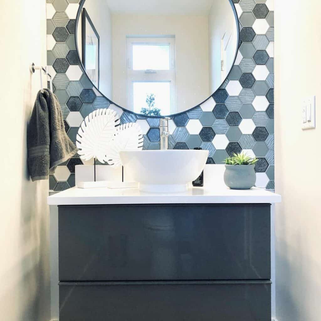 Powder Room With Hexagon Wall Backdrop