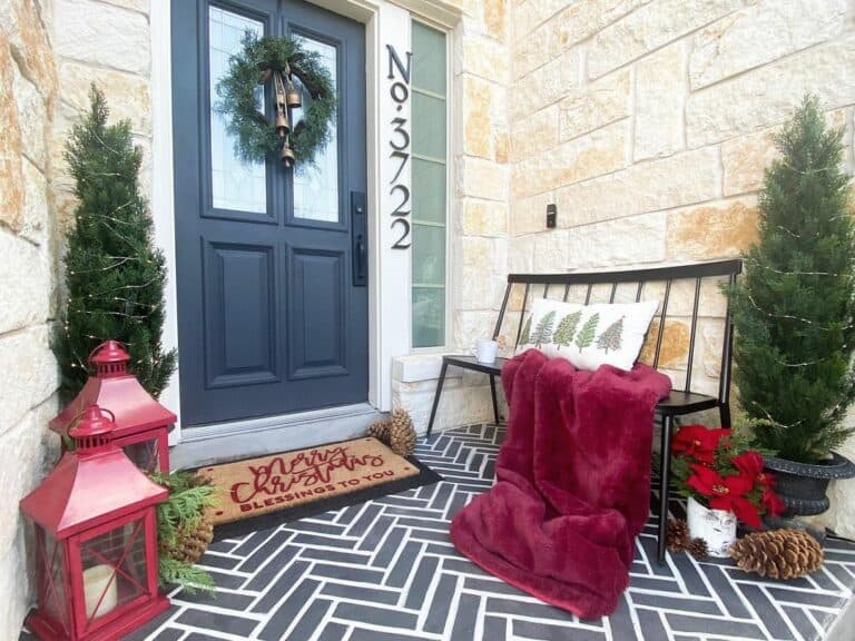 Red Lanterns on a Black Herringbone Tile Floor