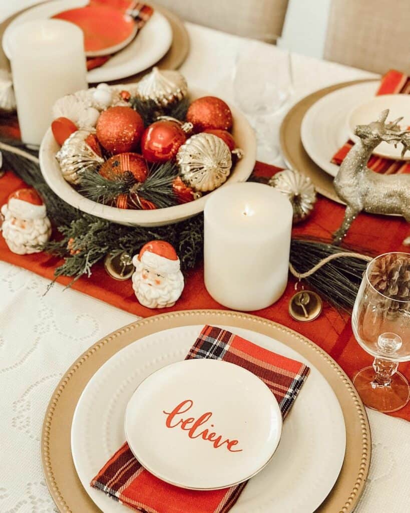 Red and Silver Ornaments Between Layered Plates