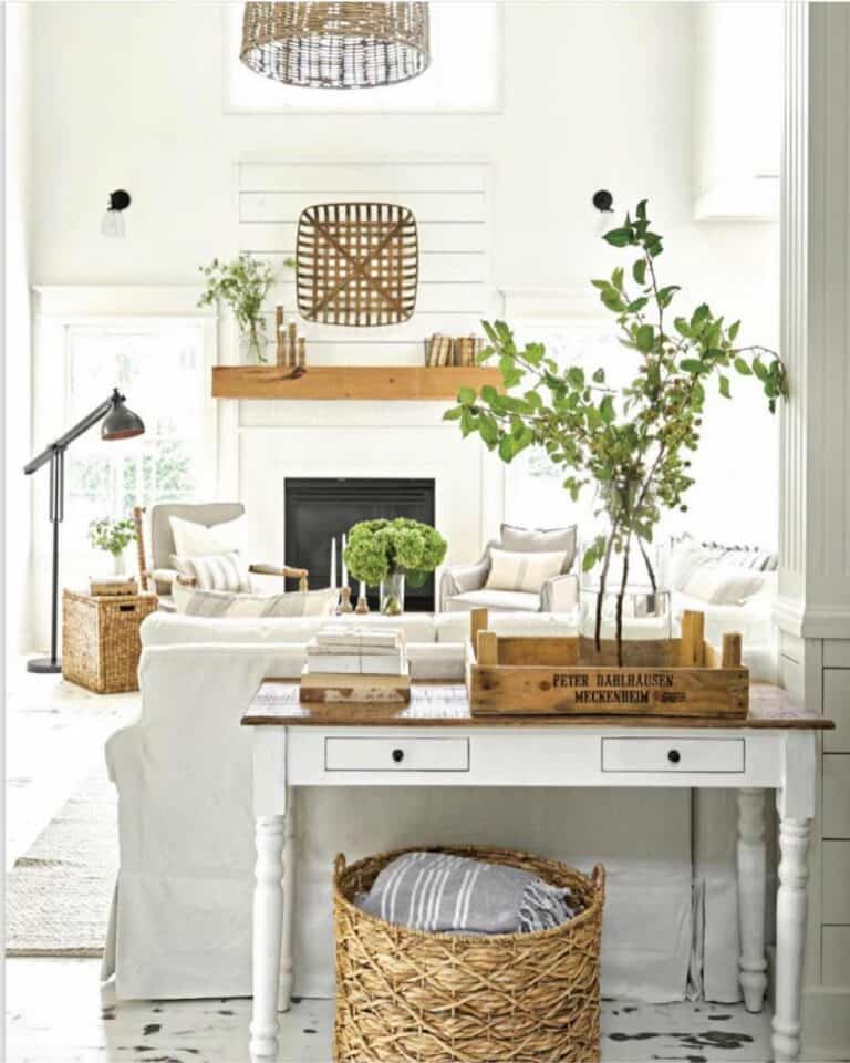 Round Basket Blanket Storage in White Living Room