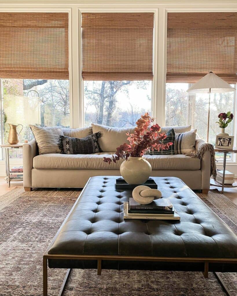 Round End Tables Beside Beige Sofa Soul & Lane