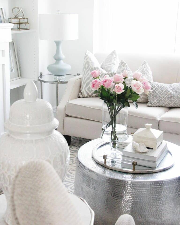 Round Metal Tray on a Silver Coffee Table