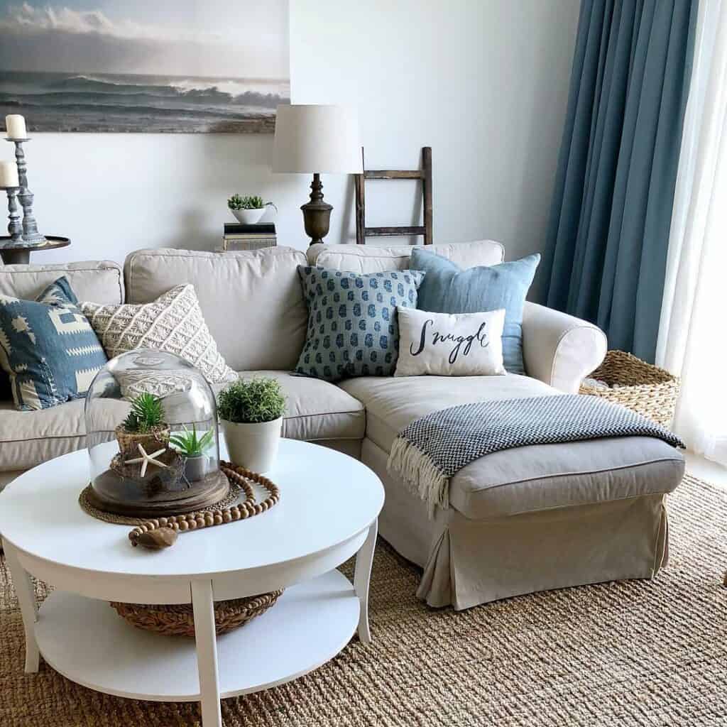 Round White Coffee Table with Coastal Centerpiece