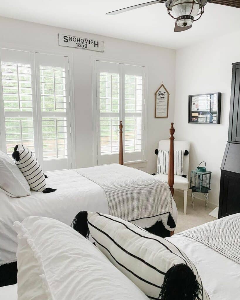 Rustic Black and White Bedroom with Two Beds