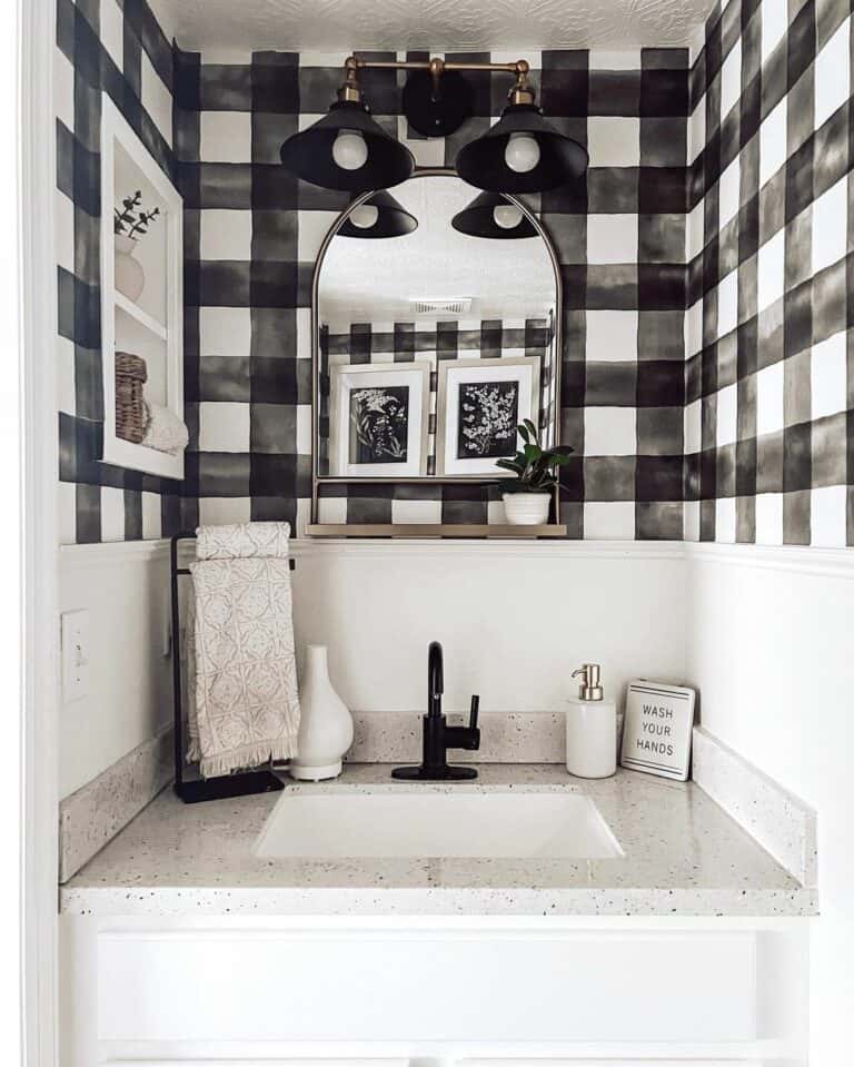 Rustic Checkered Wallpaper in Modern Bathroom Idea