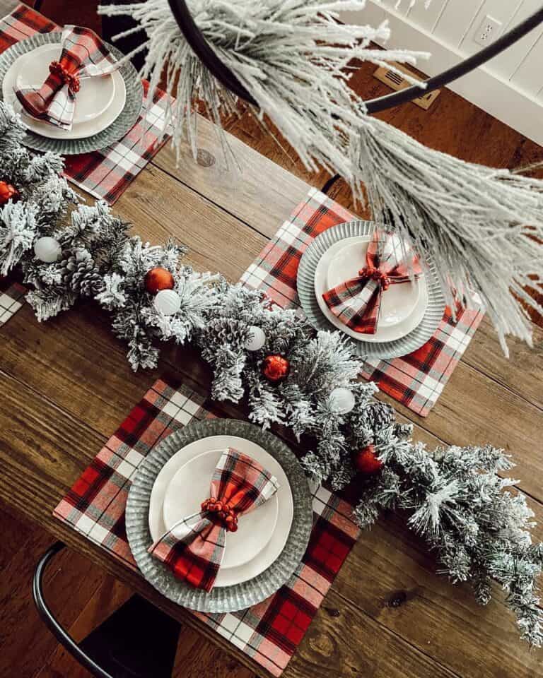 Rustic Dining Area with Plaid Accents