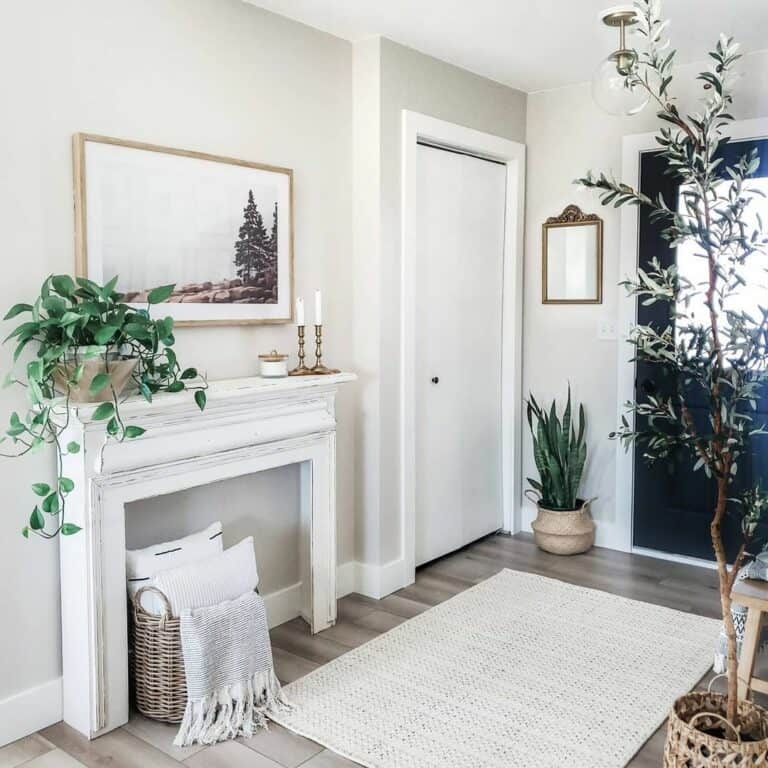 Rustic Entryway With White Mantlepiece