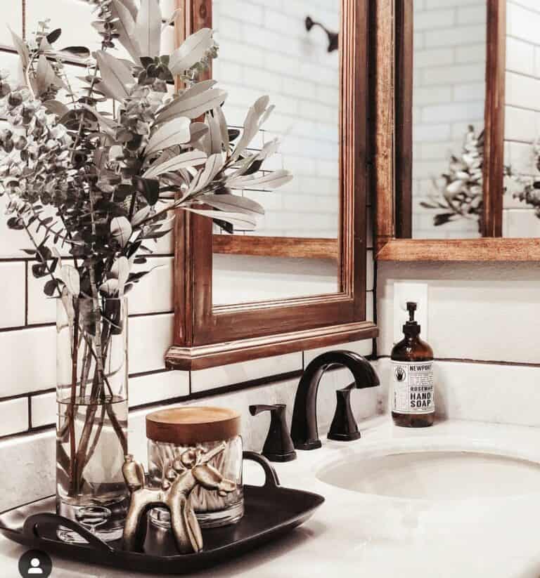Rustic Farmhouse Bathroom With Wooden Mirror
