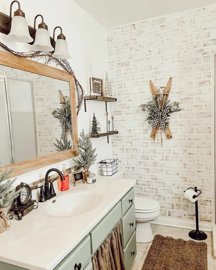 Rustic Farmhouse Bathroom with White Brick Wallpaper - Soul & Lane