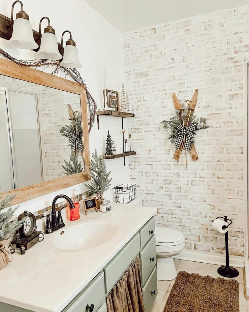 Rustic Farmhouse Bathroom with White Brick Wallpaper