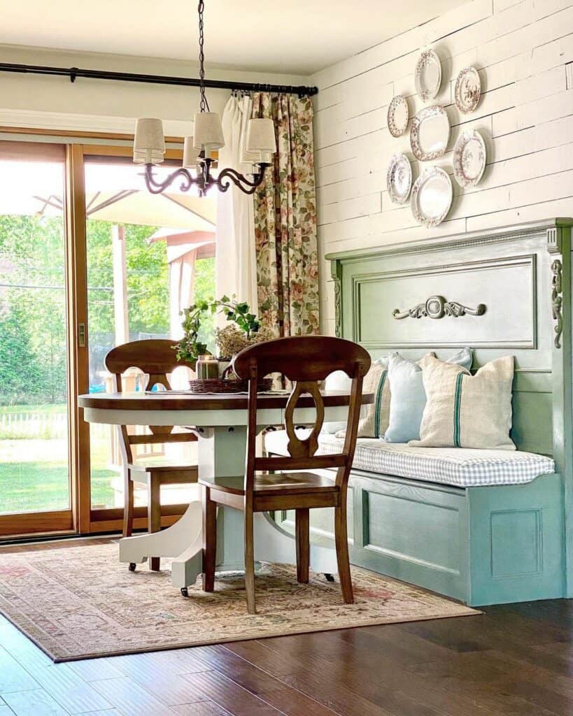 Rustic Farmhouse Breakfast Nook with Turquoise Bench