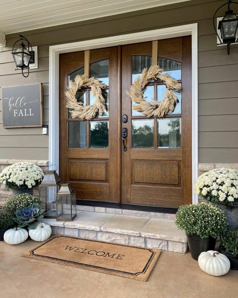 Rustic Farmhouse Doors with Natural Wheat Wreaths