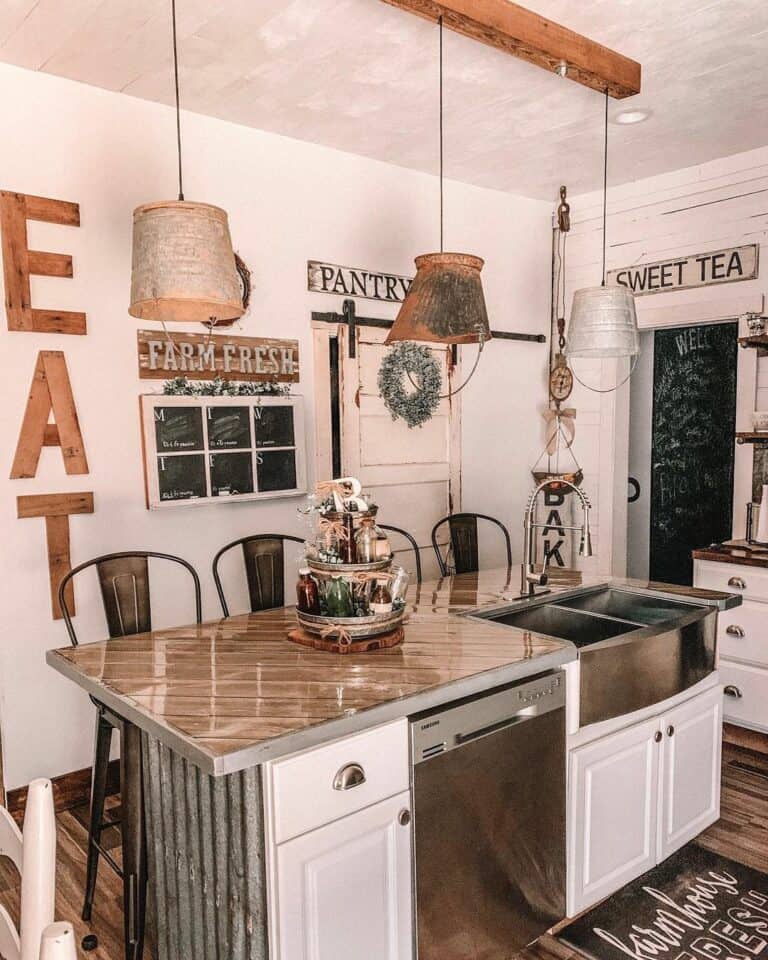 Rustic Farmhouse Kitchen Island Lighting With Metal Buckets