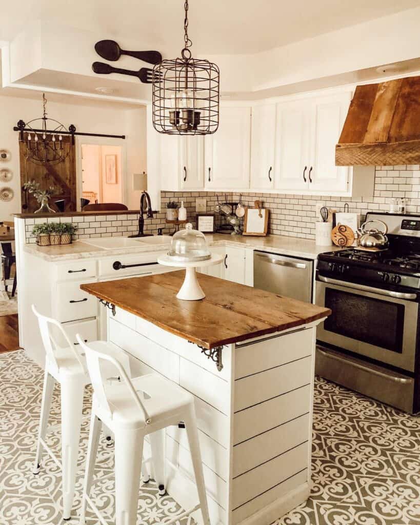 Rustic Farmhouse Kitchen With Patterned Floor Tile