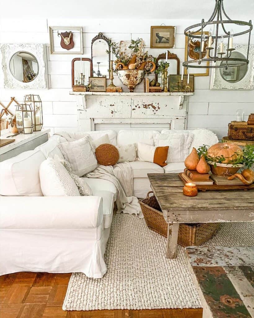 Rustic Farmhouse Living Room with White Couch