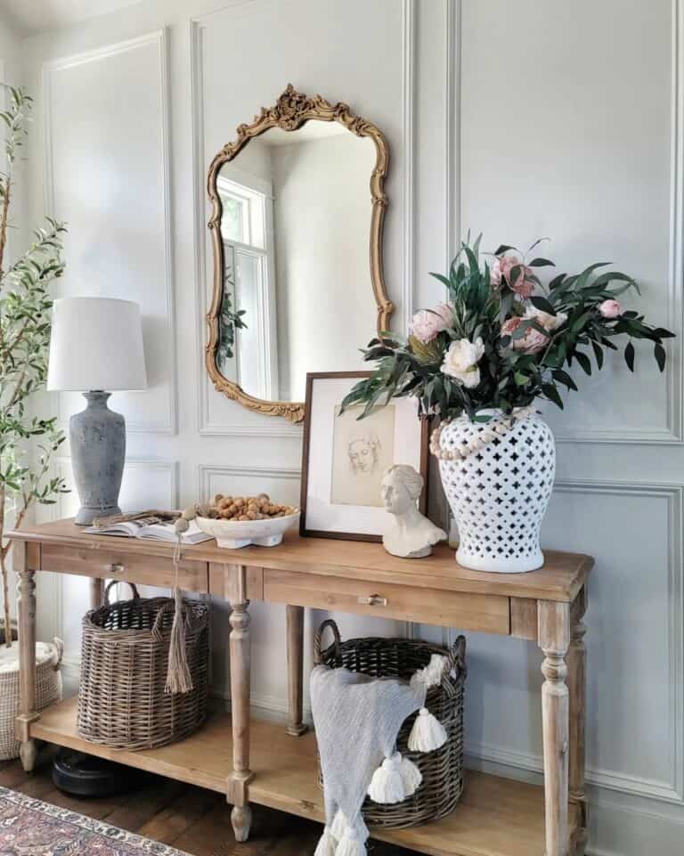 Rustic Foyer Wall Ideas With Golden Mirror
