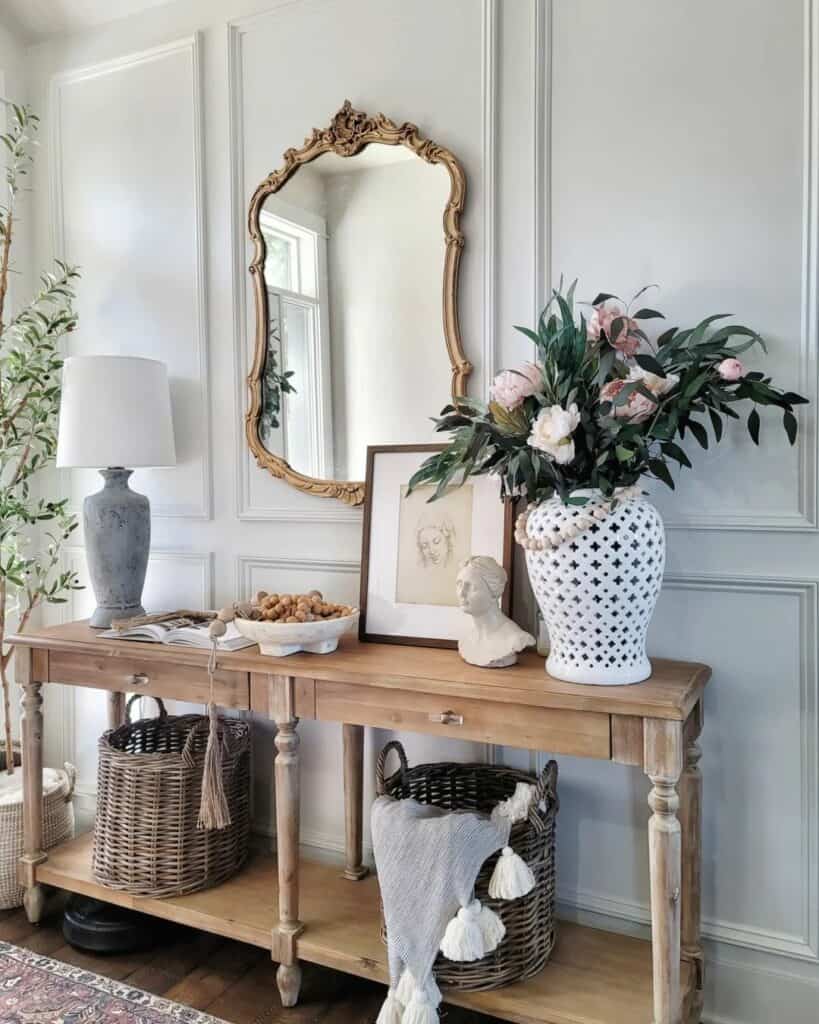 Rustic Foyer Wall Ideas With Golden Mirror