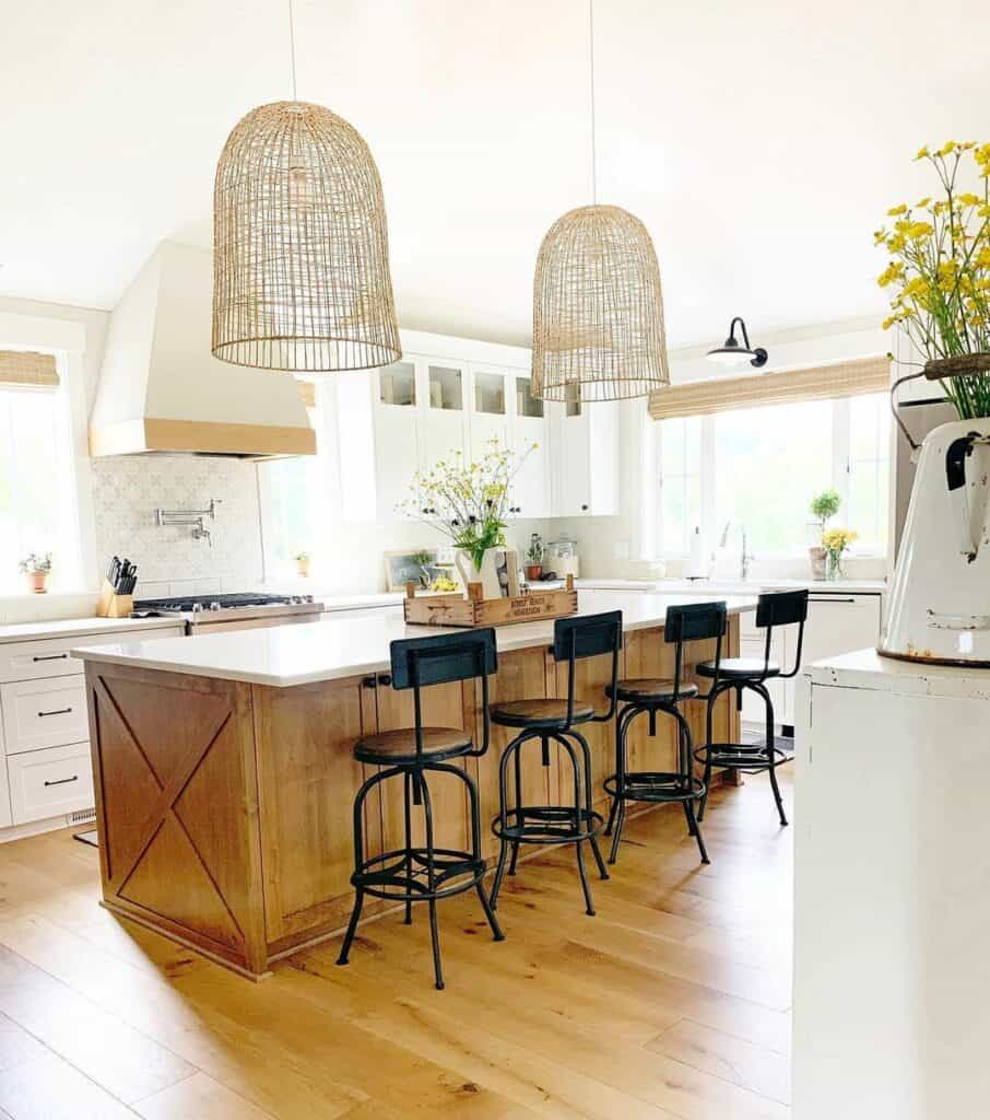 Rustic Kitchen Island with Rattan Pendant Lights