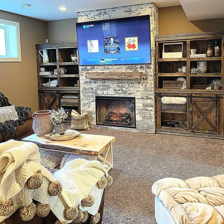 Rustic Living Room With Stone Fireplace