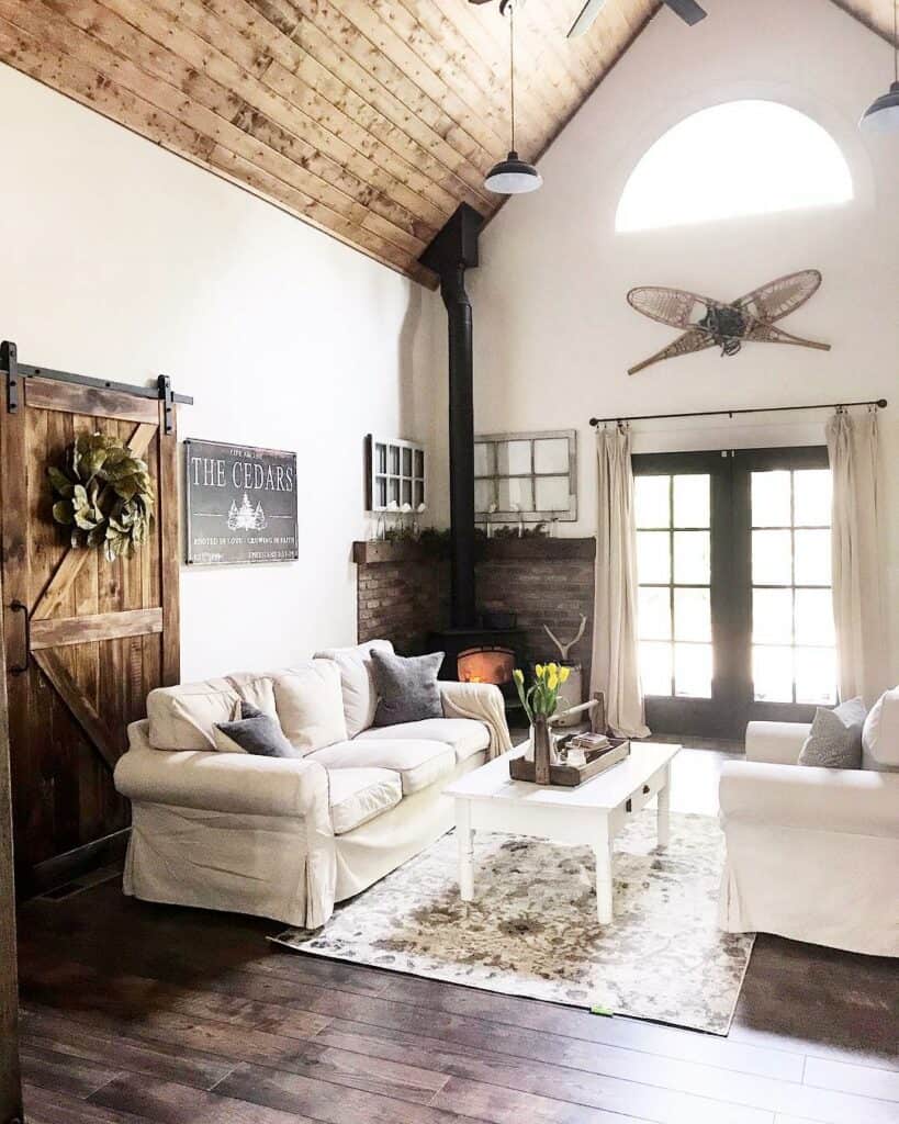 Rustic Living Room With Wooden Cathedral Ceilings