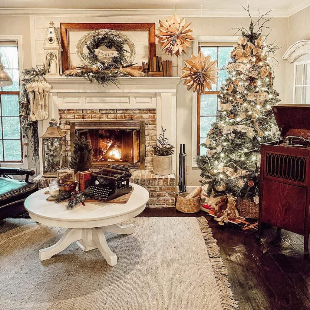 Rustic Living Room with Snowflake Christmas Tree Decorations