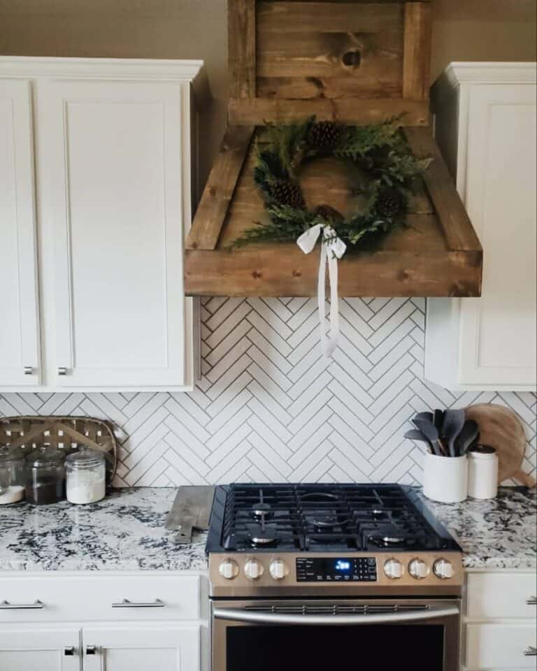 Rustic Range Hood With White Herringbone Subway Tile Soul & Lane